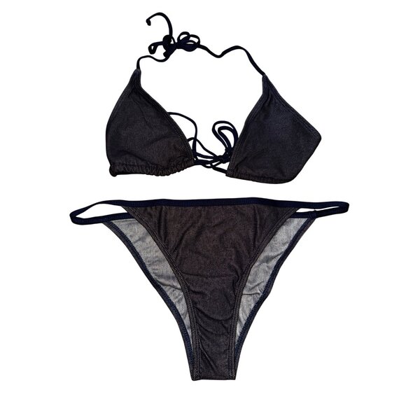 Fashion Nova Blue Jean Look Triangle Bikini Size XL Sexy Denim‎ Beach Swimsuit - Picture 1 of 6